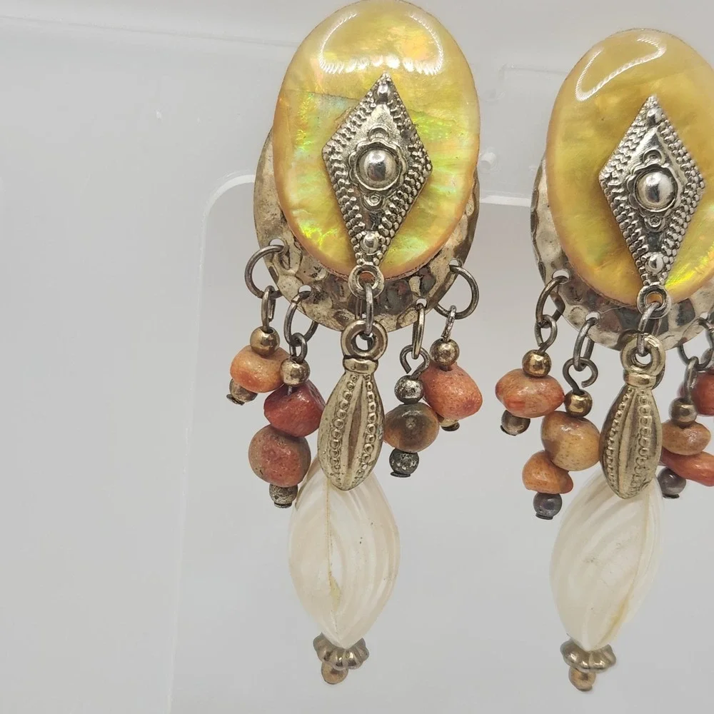 Vintage Boho Mother of Pearl Stone Beaded Dangle Clip On Earrings Yellow Tribal